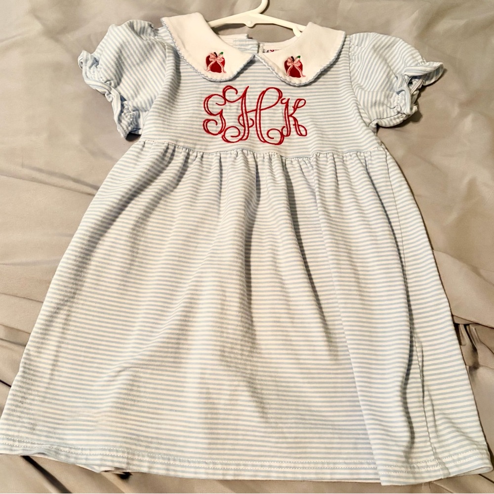 Jelly Beans Light Blue and White Striped Monogram Dress with Red Embroidery